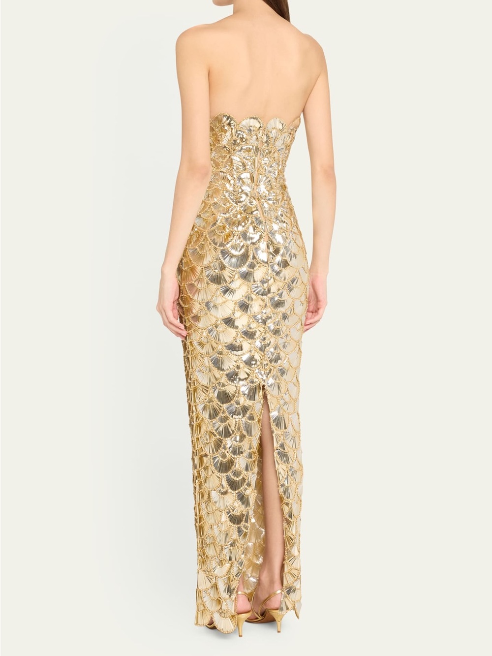 Oscar de la Renta Strapless Sequined Scallop Column Gown - Picture 3 of 8